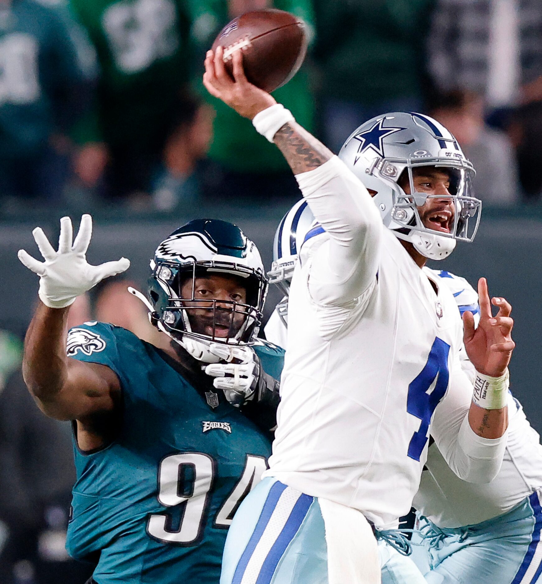 Dallas Cowboys quarterback Dak Prescott (4) releases a third quarter pass as Philadelphia...