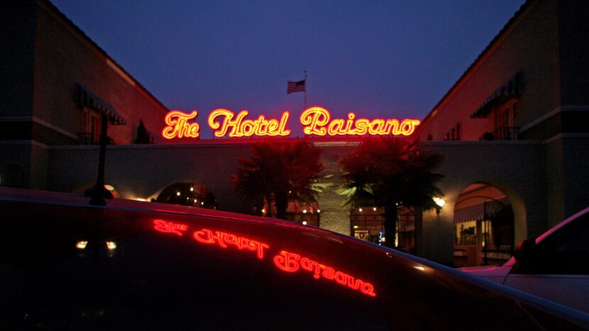 The Hotel Paisano courtyard entrance at dusk on Dec. 8, 2016 in Marfa, Texas. (Guy...