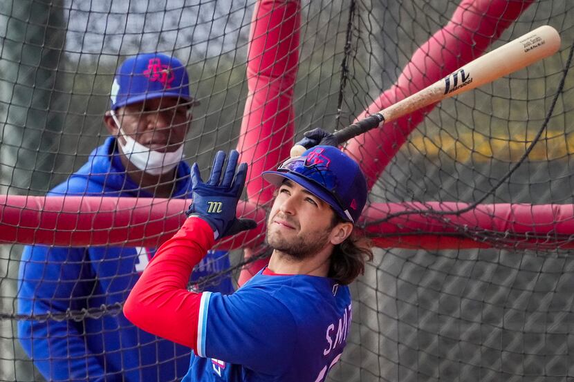 Infielder Josh Smith takes batting practice during a Texas Rangers minor league spring camp...