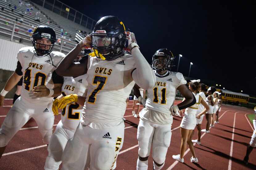 Garland defensive back Chace Biddle (7) celebrates after a touchdown against Kimball on...