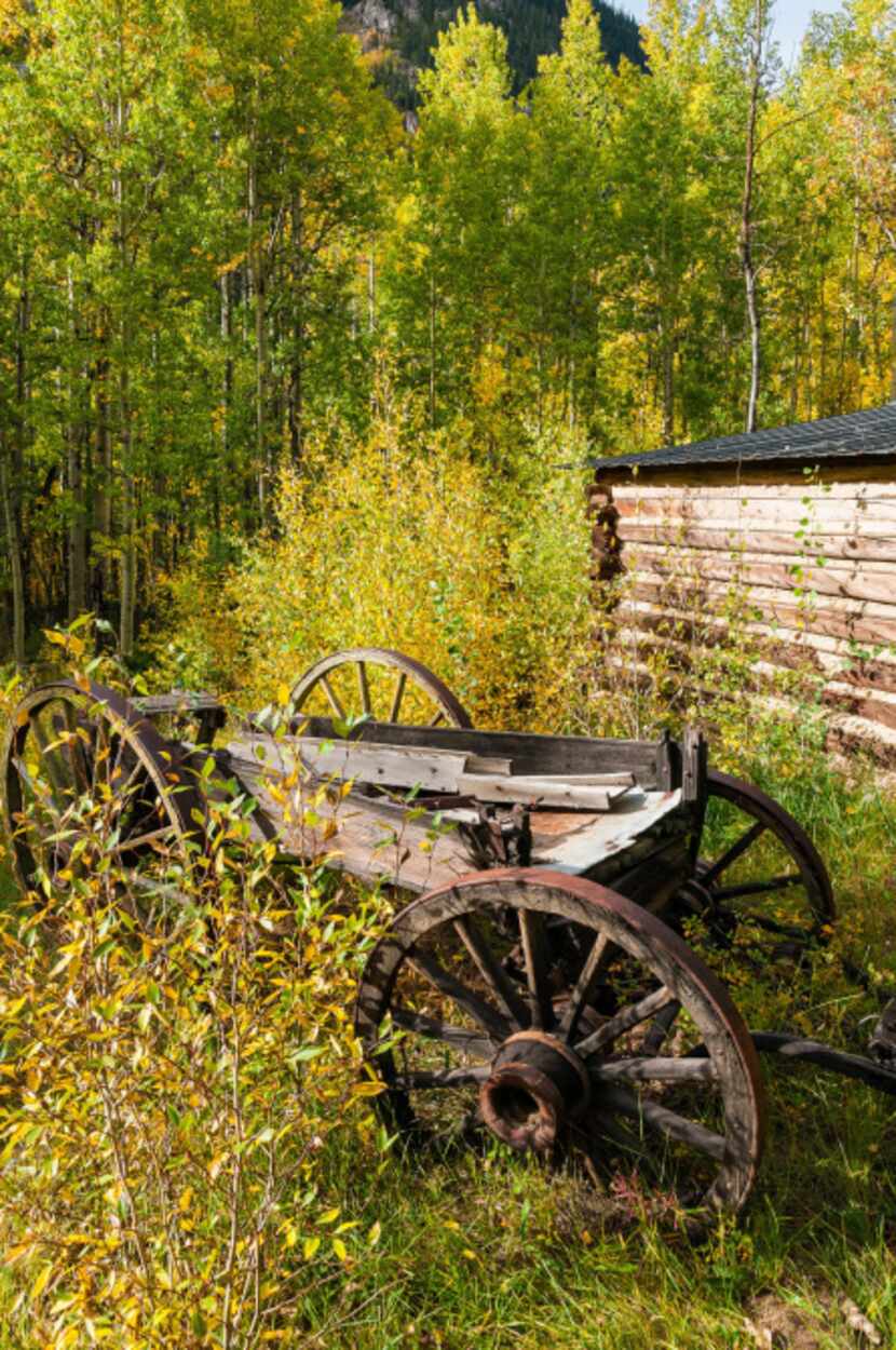 An old wagon stands next to the museum in the ghost town of Vicksburg where an audible...