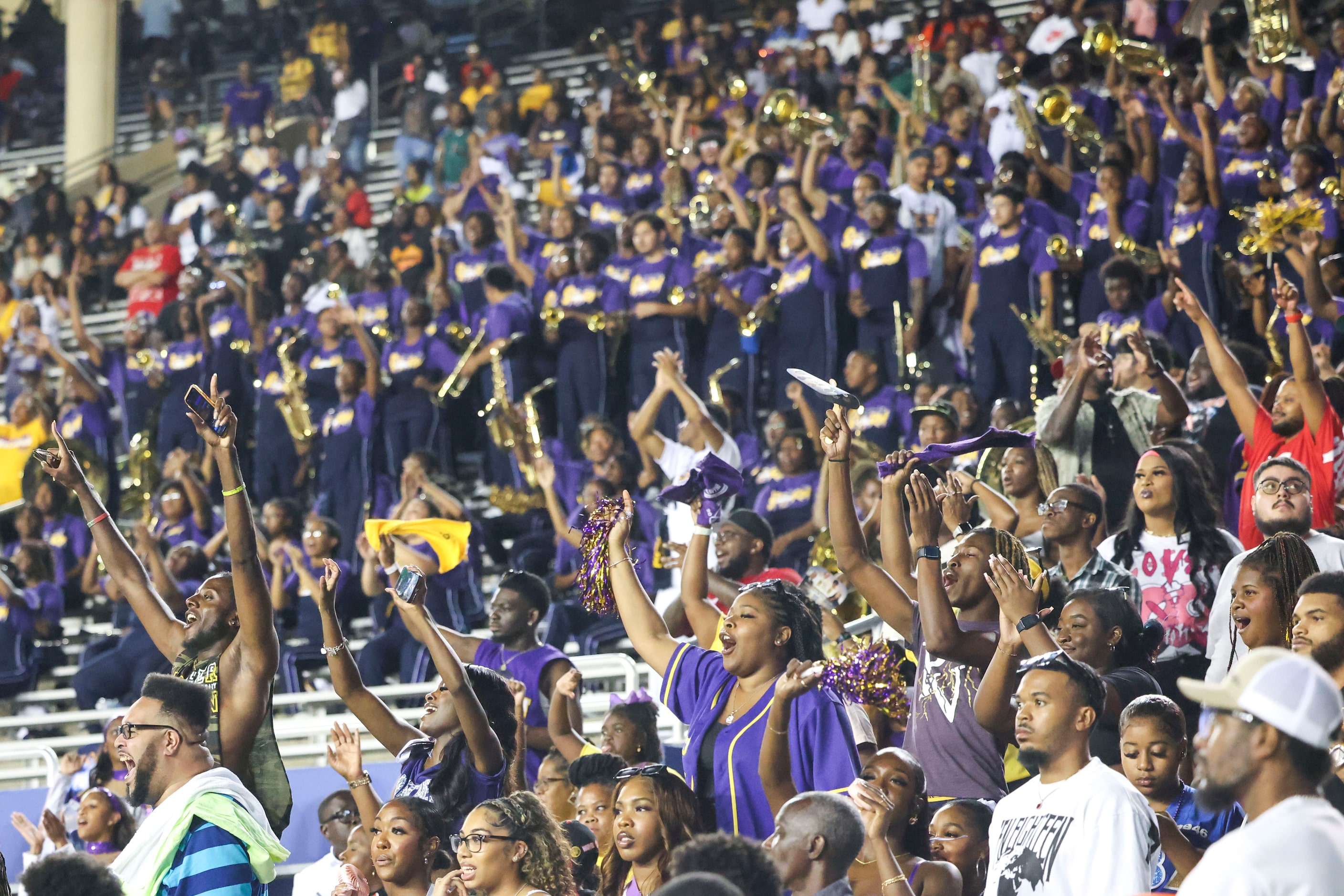 Prairie View A&M fans cheer after a touchdown during the second half of State Fair Classic,...