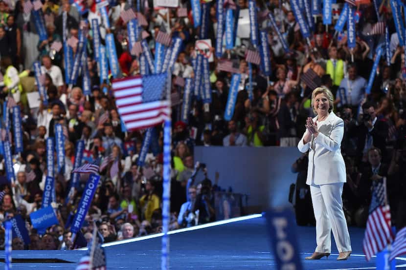 Hillary Clinton in her iconic white pantsuit. Washington Post photo by Ricky Carioti