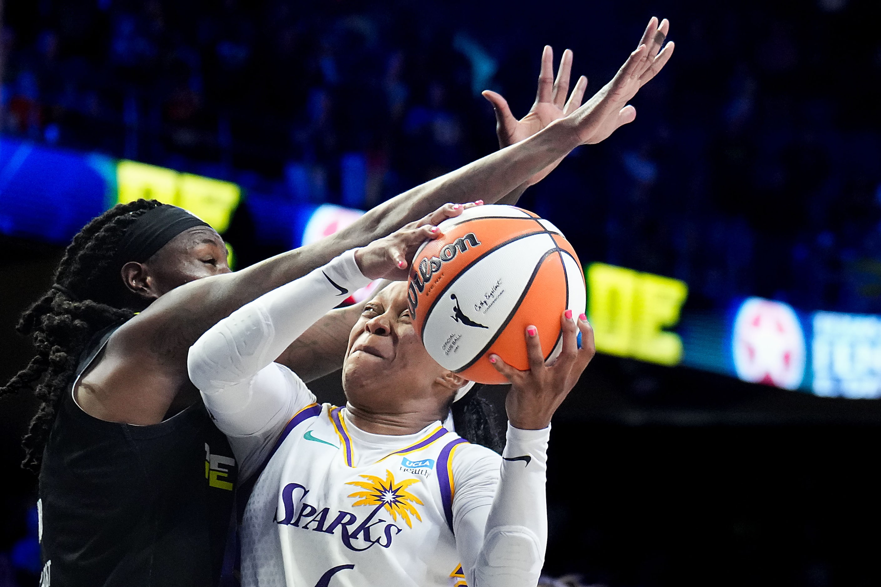 Los Angeles Sparks guard Odyssey Sims (6) misses on a drive to the basket with :30 seconds...