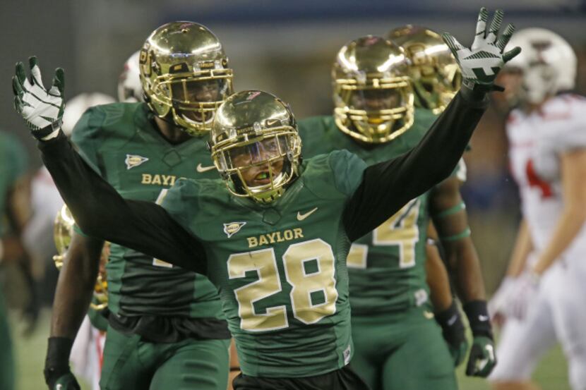 Baylor Bears safety Orion Stewart (28) celebrates a defensive stop in the second quarter.