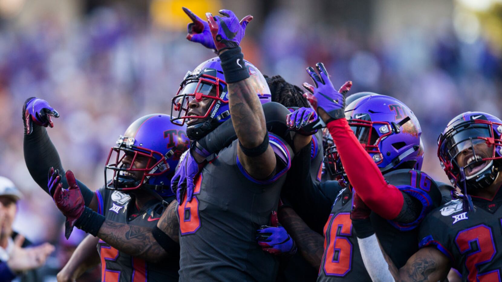 TCU Horned Frogs celebrate during the fourth quarter of an NCAA football game between the...