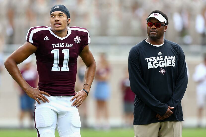COLLEGE STATION, TX - SEPTEMBER 16:  Kellen Mond #11 of the Texas A&M Aggies and head coach...