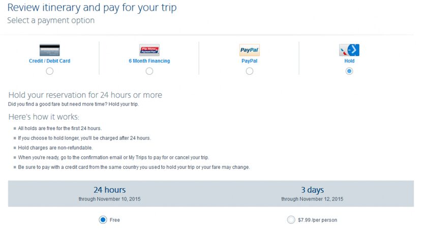  This screen grab from aa.com shows two hold options.