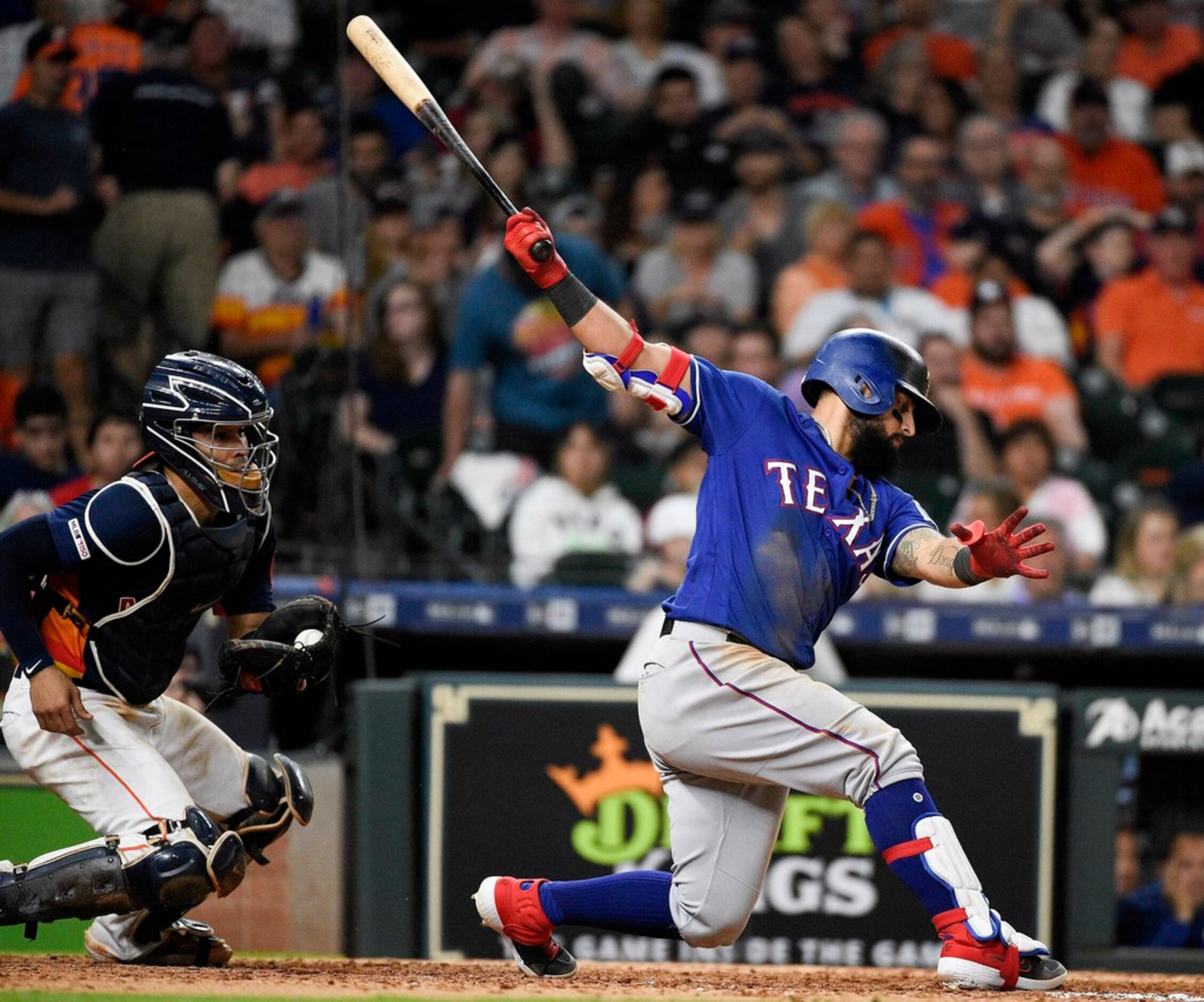 Texas Rangers' Rougned Odor strikes out to end the top of the eighth inning of the team's...