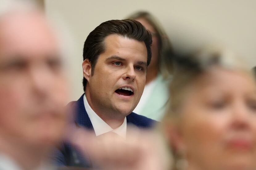 FILE - In this July 24, 2019, file photo, Rep. Matt Gaetz, R-Fla., asks questions of former...