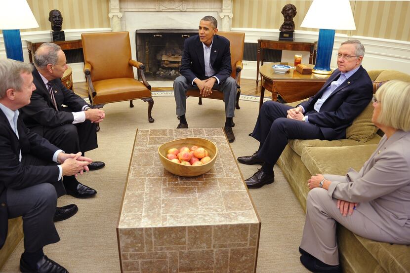 President Barack Obama met with Senate Democratic leadership, including (from left) Senator...
