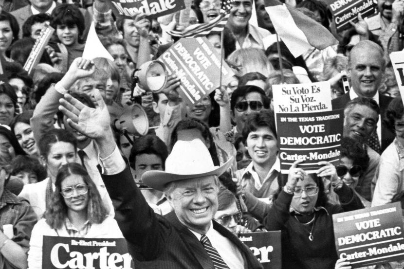President Jimmy Carter wore a cowboy hat as he campaigned in Brownsville, Texas, on Nov. 1,...