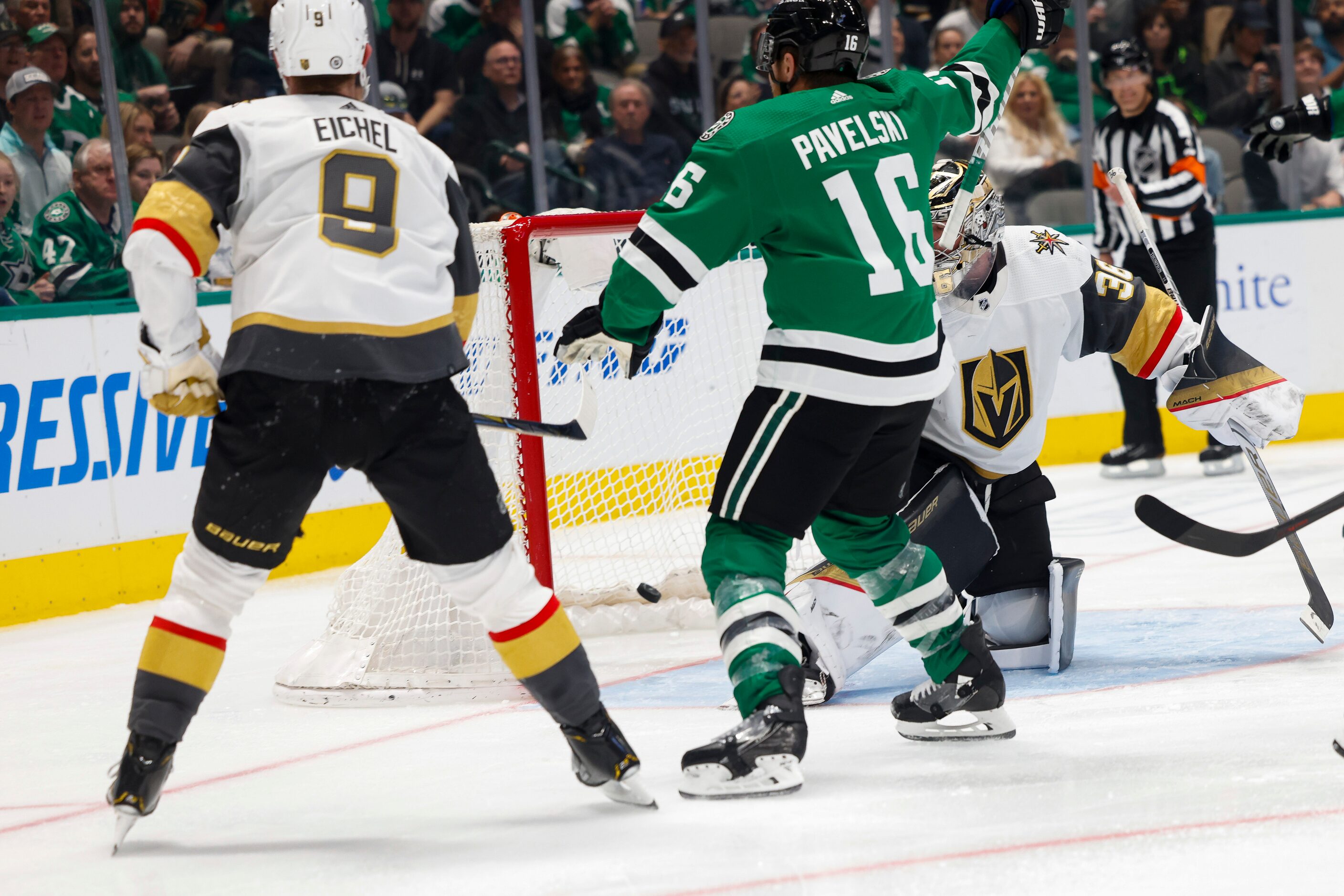 Dallas Stars left wing Jason Robertson (21) scores against Vegas Golden Knights goaltender...