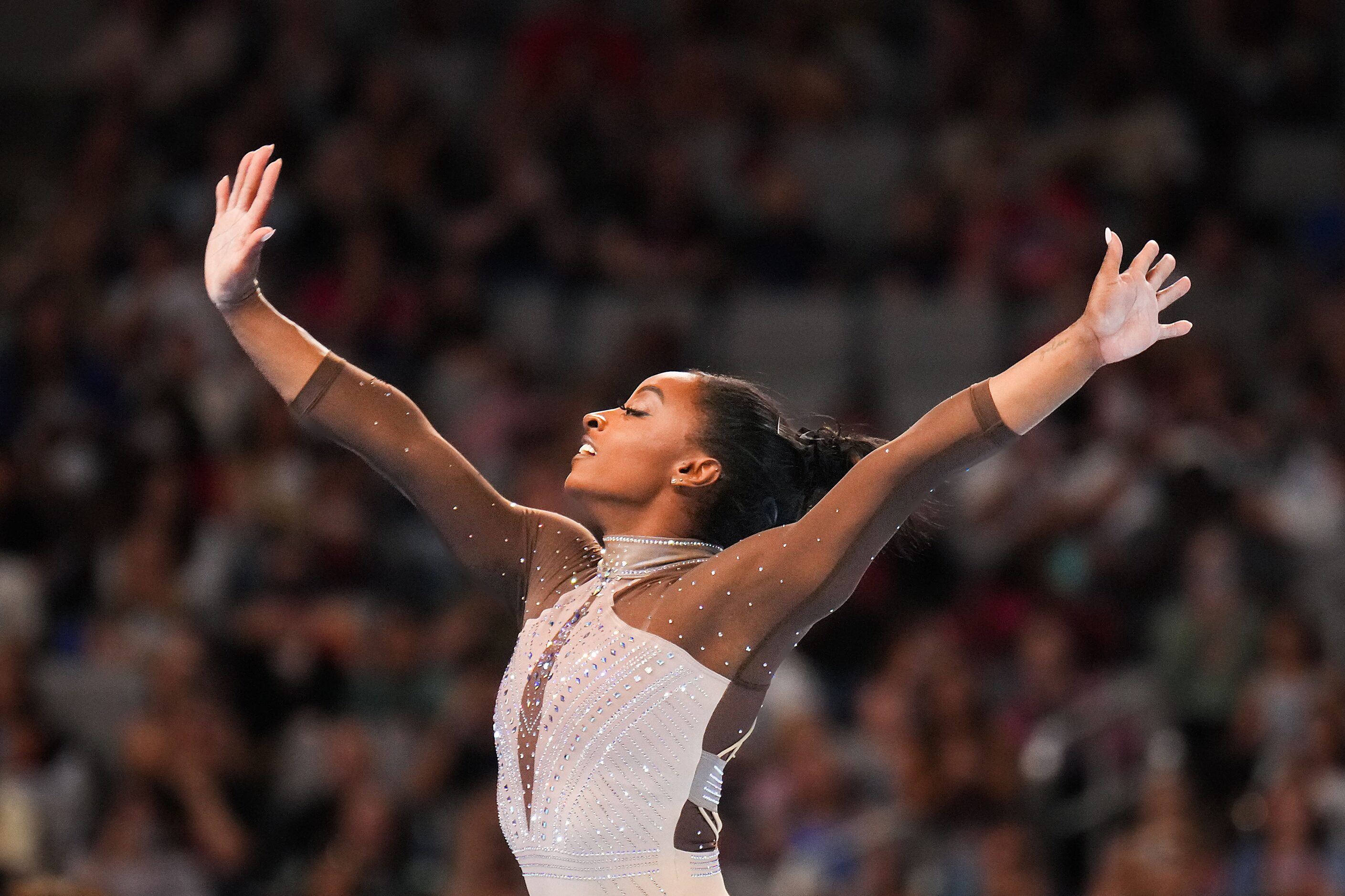 Simone Biles competes on the floor during the U.S. Gymnastics Championships on Sunday, June...