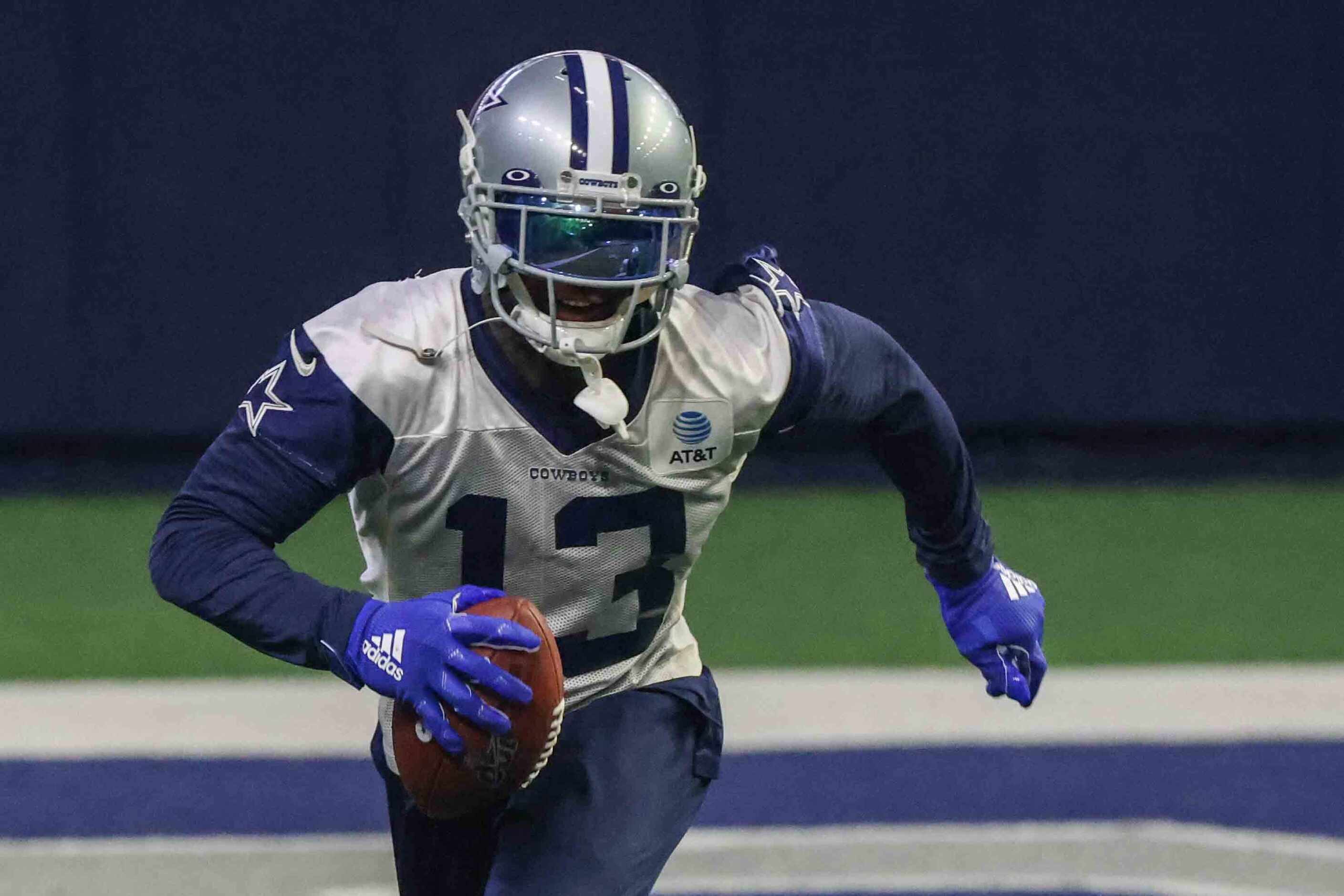 Cowboys' wide receiver 
Michael Gallup #13 during practice at the Ford Center in Frisco on...