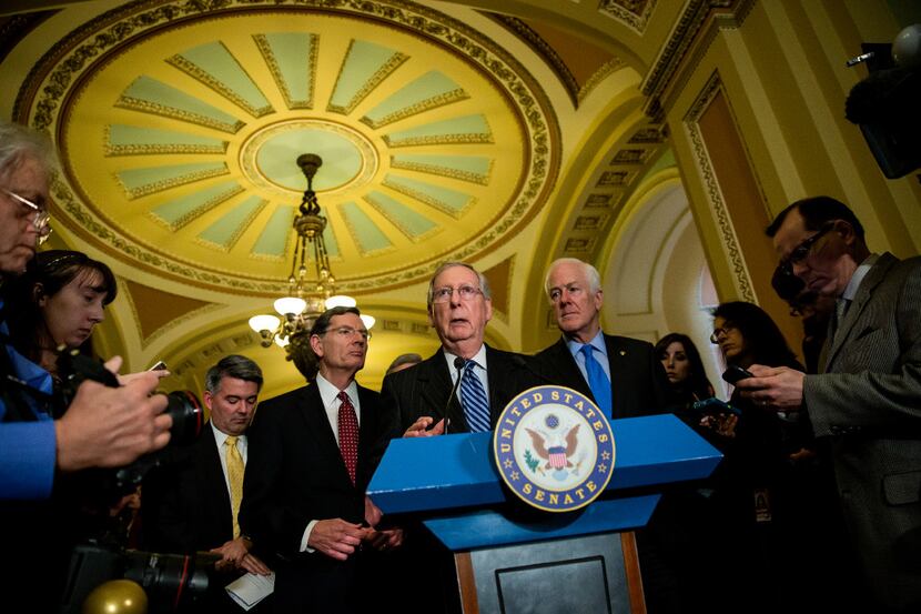 Senate Majority Leader Mitch McConnell (R-KY.) speaks during a news conference on Capitol...