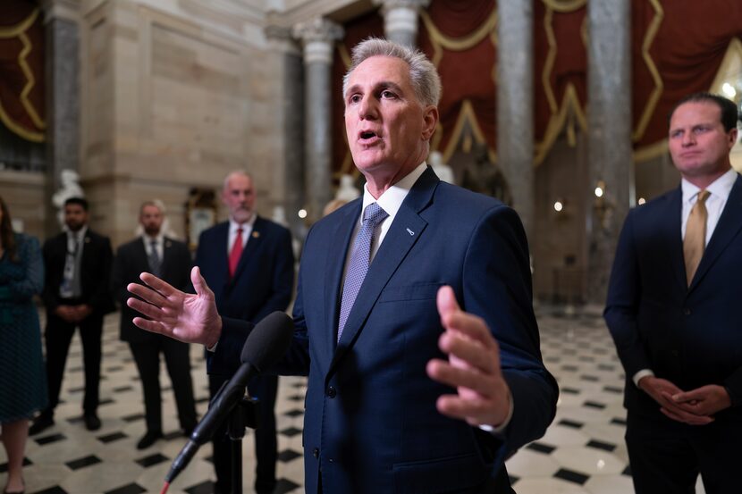 FILE - House Speaker Kevin McCarthy, R-Calif., joined by Rep. August Pfluger, R-Texas,...