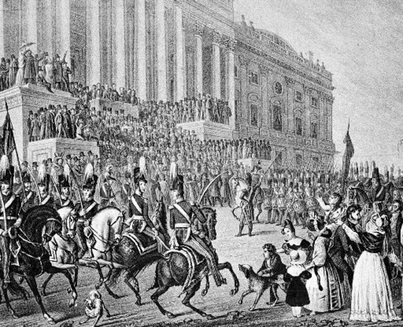 An artist's impression of President William Henry Harrison's March 4, 1841 inauguration in...