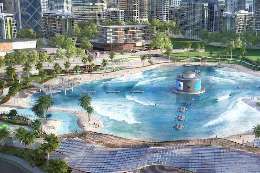 An artist's rendering of a Surf Lakes wave pool built as part of a resort.
