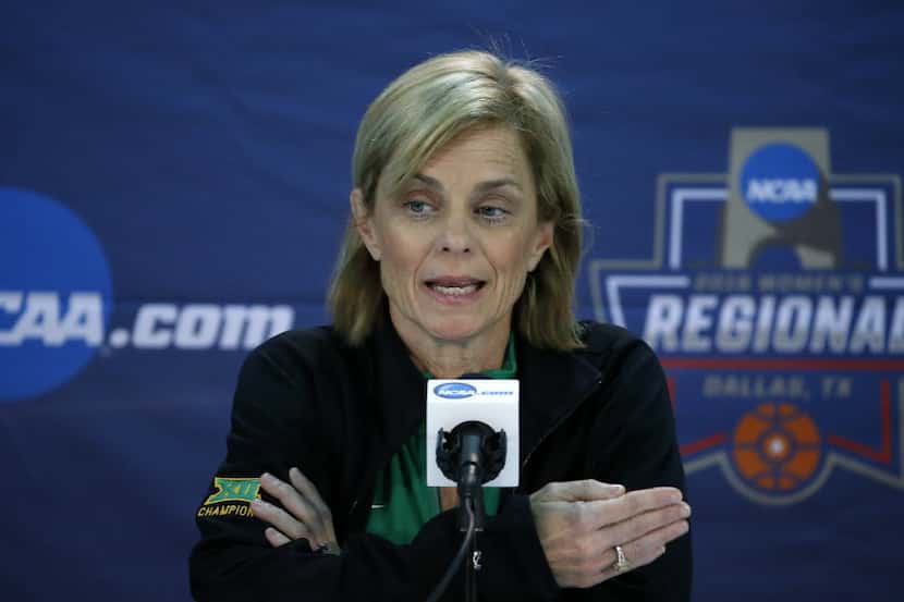 Baylor Coach Kim Mulkey speaks during a press conference at American Airlines Center in...