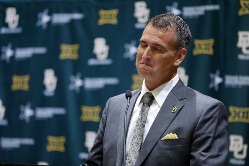 New Baylor Athletic Director Mack Rhoades pauses during his speech as he speaks...