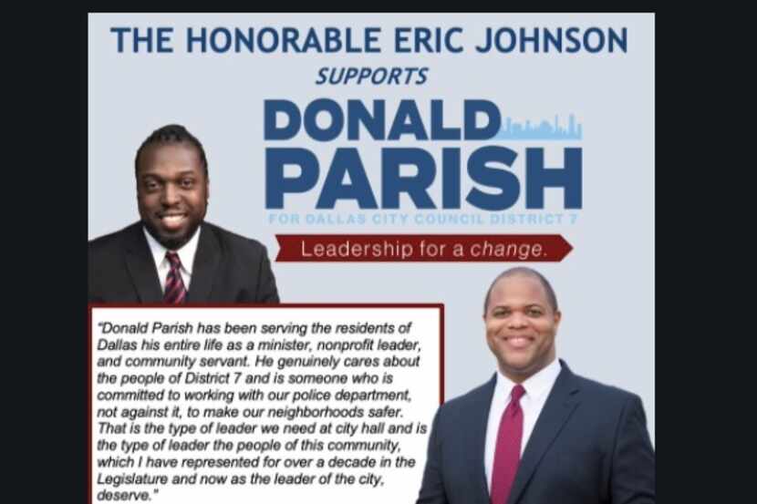 A screenshot of a flyer released by Dallas City Council District 7 candidate Donald Parish...