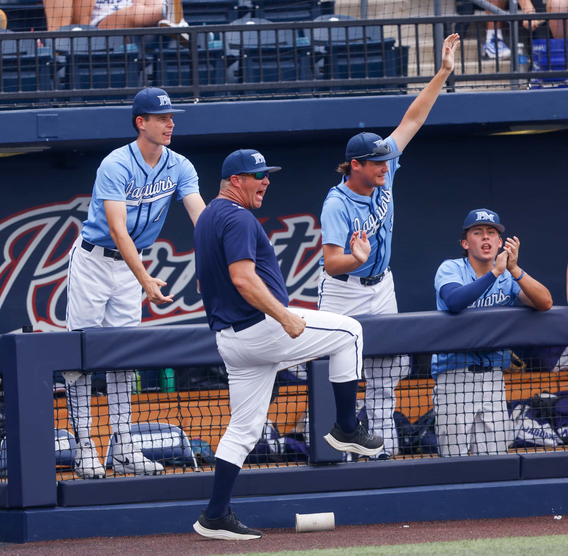 Flower Mound celebrates a play during Game 3 of a best-of-3 Class 6A Region I semifinal...