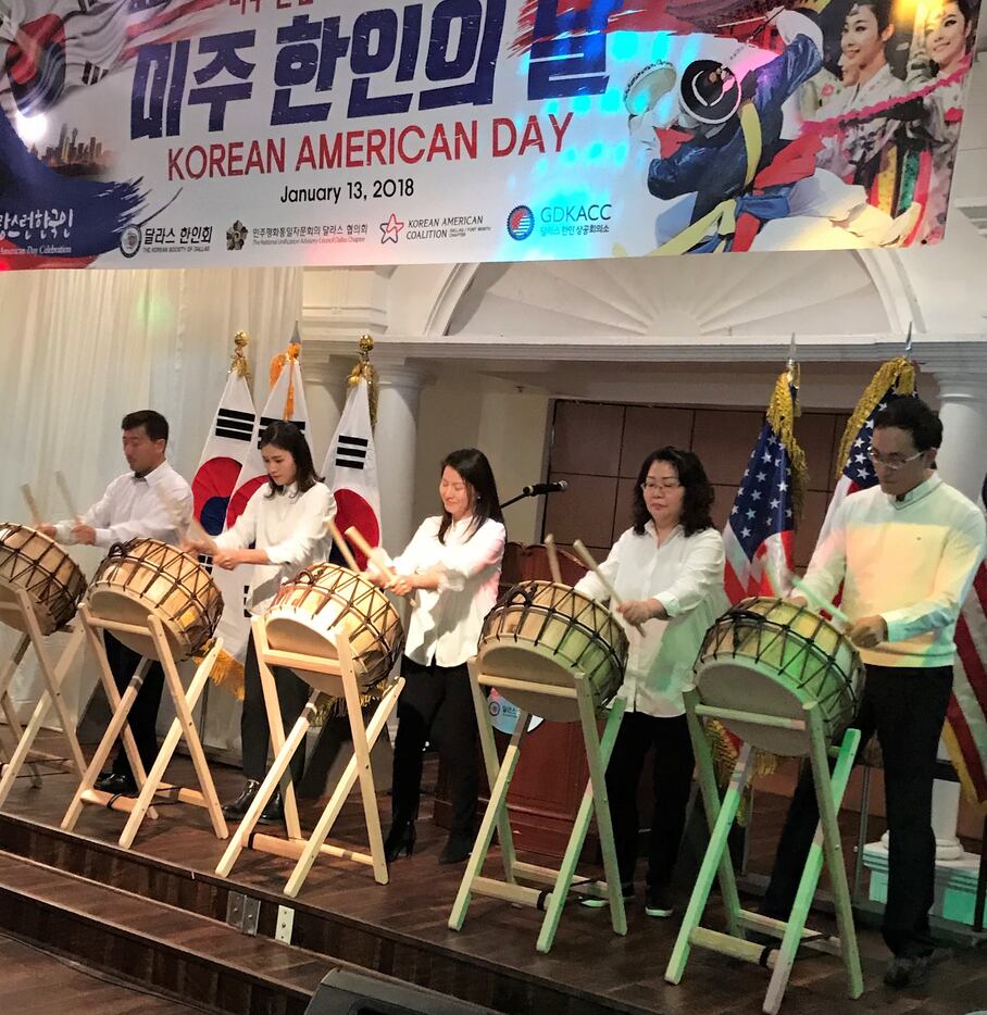 Drummers perform at a celebration of Korean-American Day at Sura restaurant in Dallas.