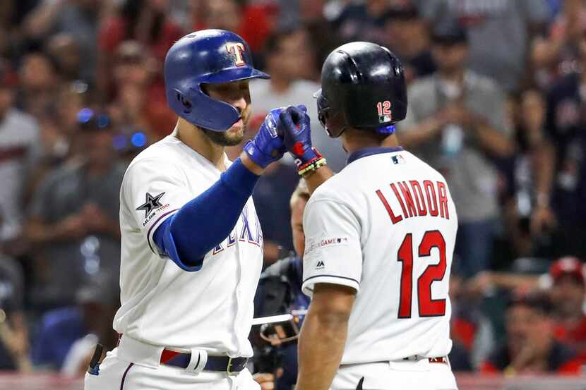 American League's Joey Gallo, left, of the Texas Rangers, is congratulated by American...
