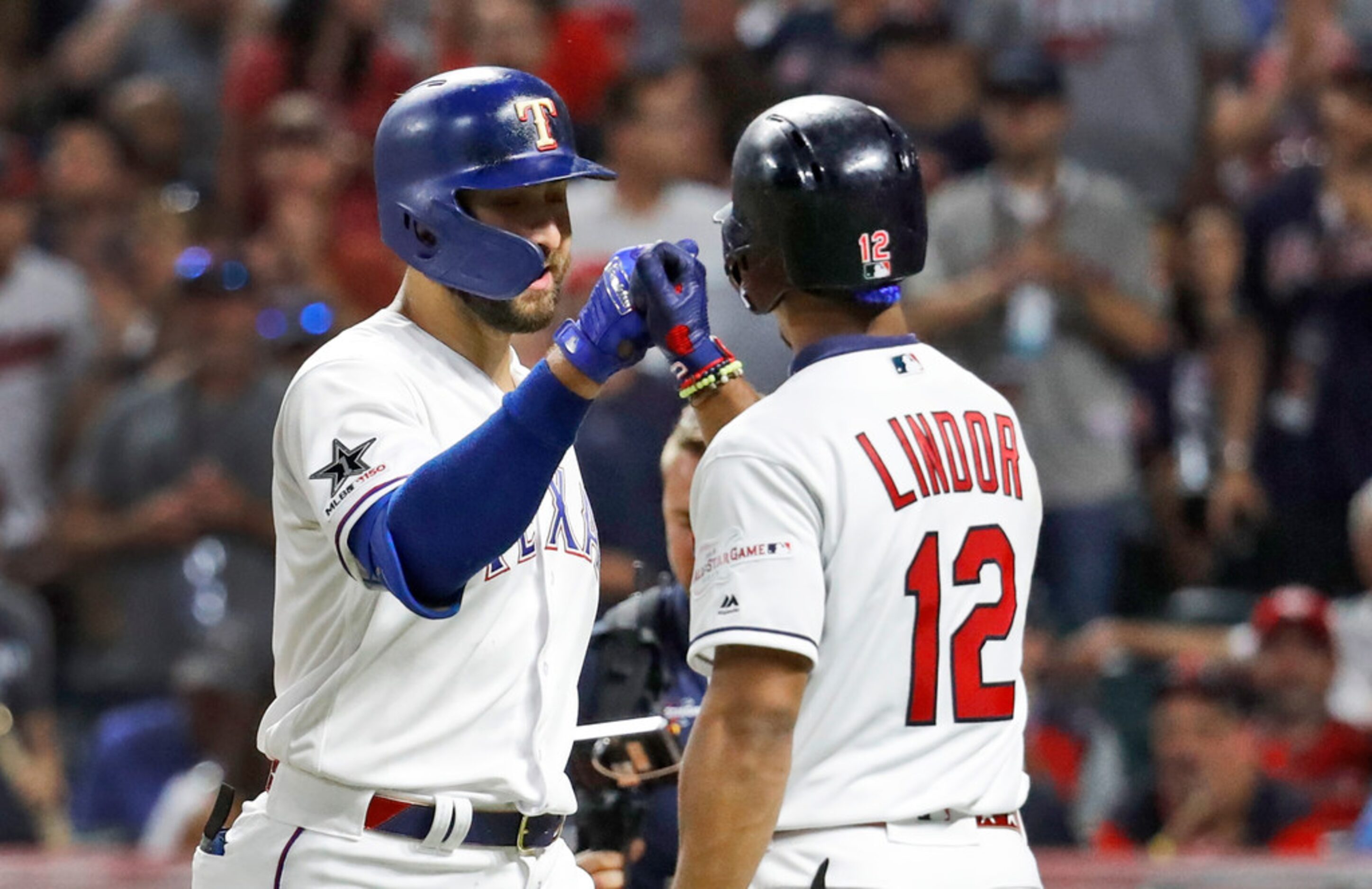 American League's Joey Gallo, left, of the Texas Rangers, is congratulated by American...