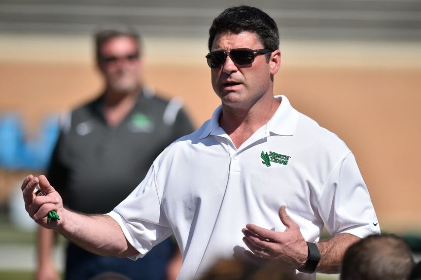 North Texas head coach Seth Littrell talks to his team after the Green-White Spring Football...