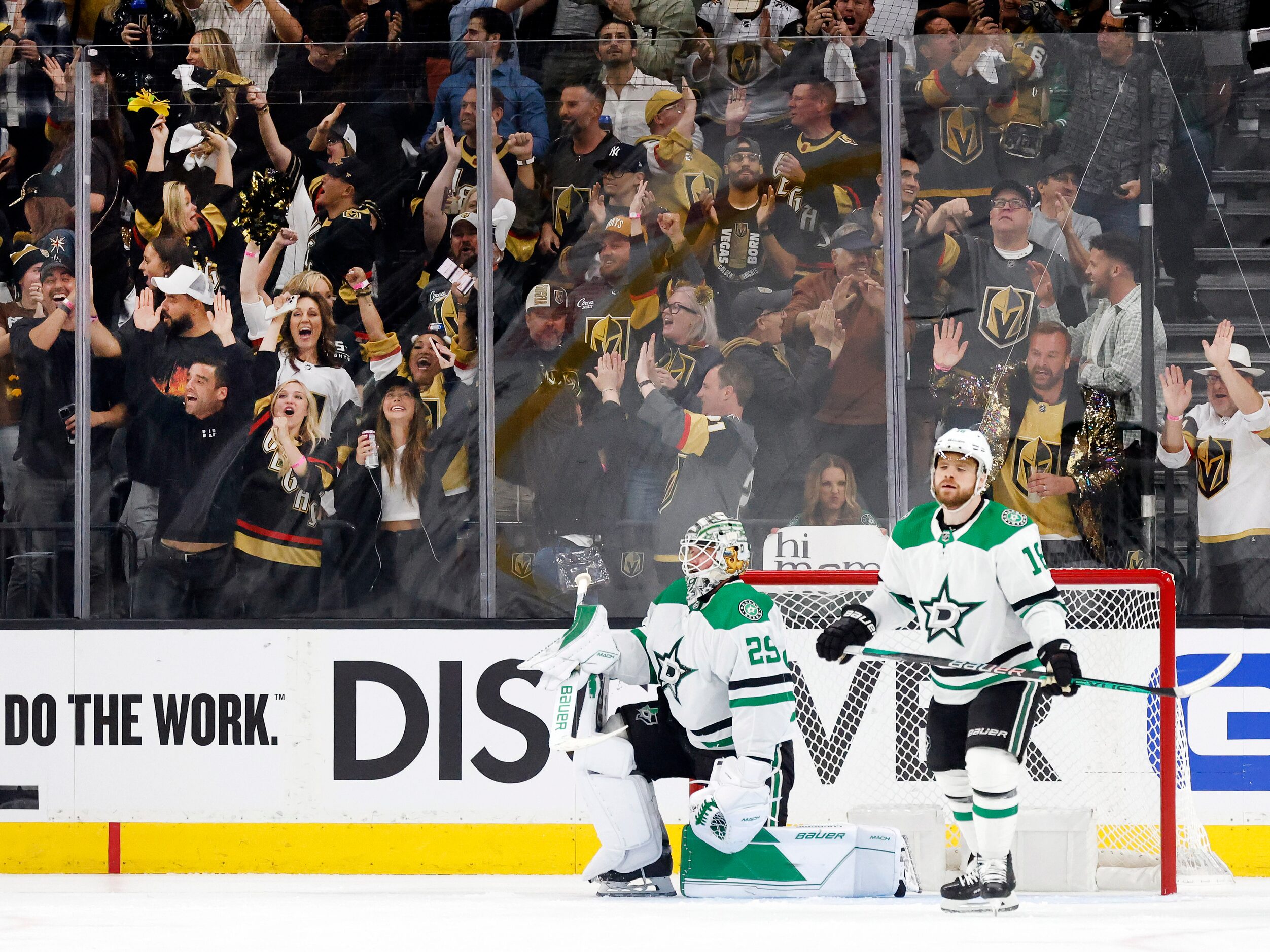 Dallas Stars goaltender Jake Oettinger (29) reacts after being scored on by the Vegas Golden...