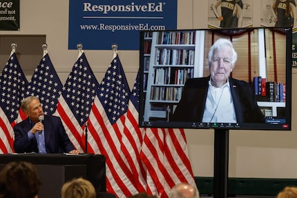 Former U.S. Secretary of Education Bill Bennett joins  Governor Greg Abbott as he addresses...