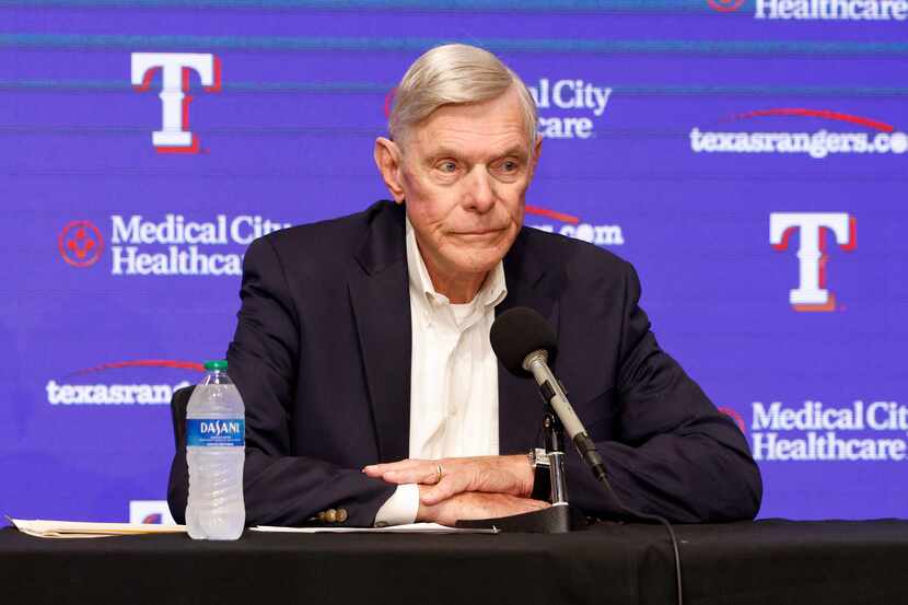 Texas Rangers owner Ray Davis listens to a question during a press conference after firing...