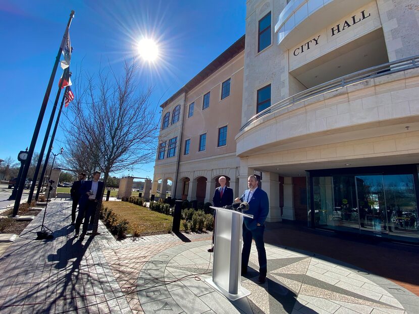 Sen. Ted Cruz speaks outside Colleyville City Hall on Friday.