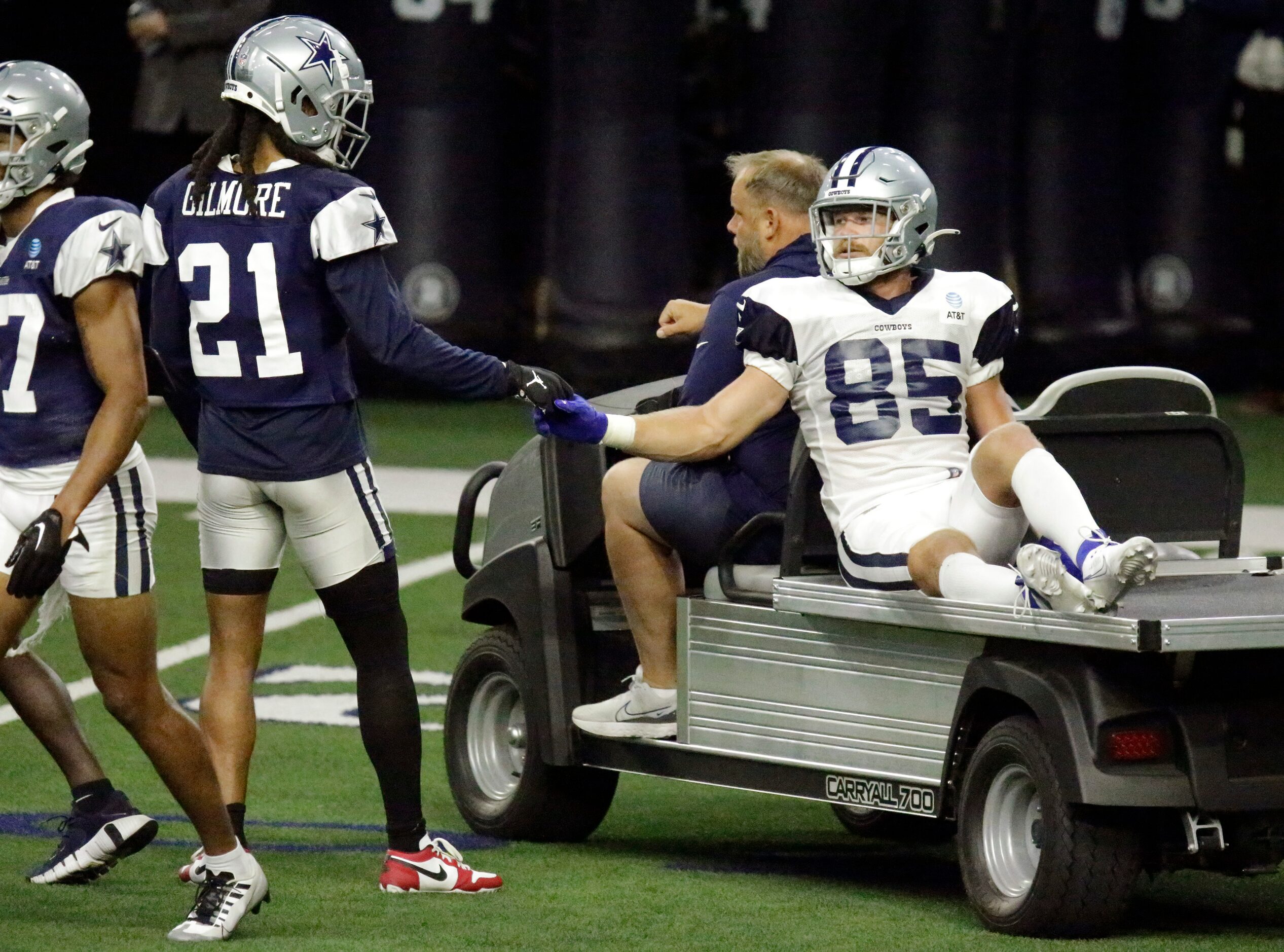 Dallas Cowboys cornerback Stephon Gilmore (21) encourages Dallas Cowboys wide receiver David...