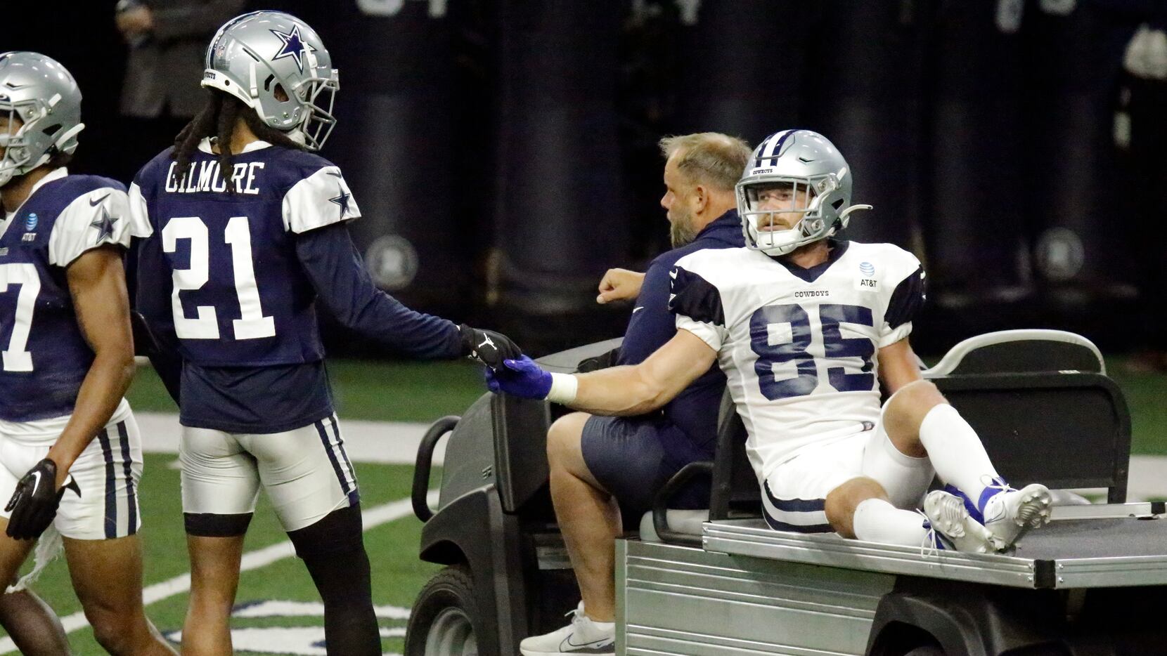 Dallas Cowboys cornerback Stephon Gilmore (21) encourages Dallas Cowboys wide receiver David...
