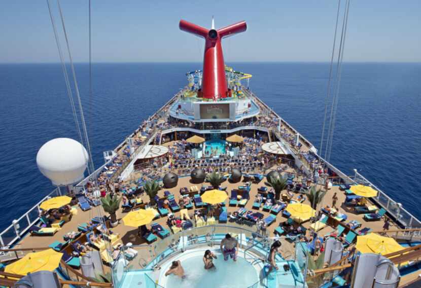 An overhead view of the adults-only Serenity area and Lido Deck aboard the Carnival Sunshine.