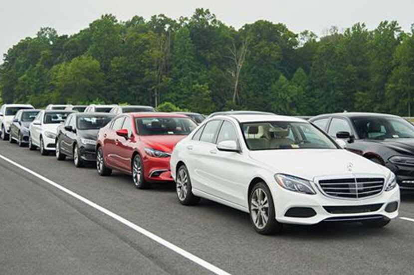 Cars undergo tests of their  front-crash avoidance systems with the Insurance Institute for...