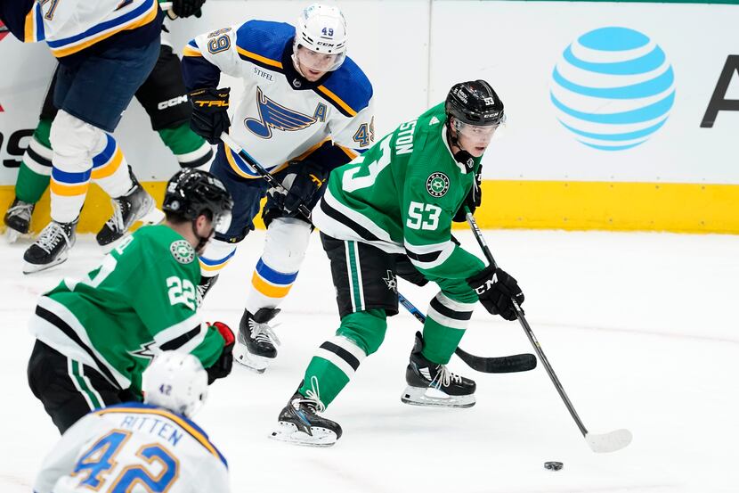 Dallas Stars center Wyatt Johnston (53) controls the puck on an attack as St. Louis Blues'...