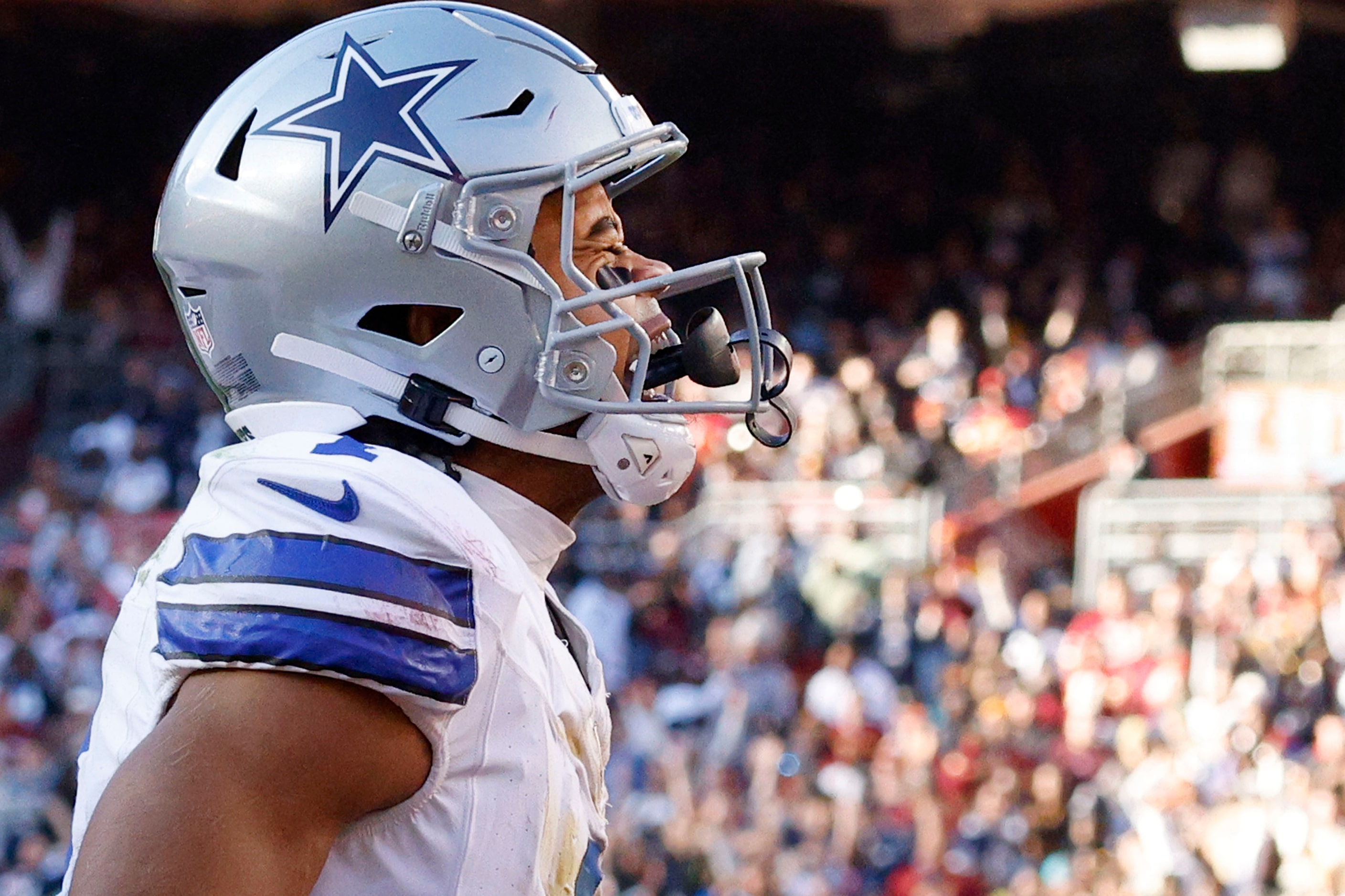 Dallas Cowboys wide receiver Jalen Tolbert (1) reacts after scoring a touchdown against the...