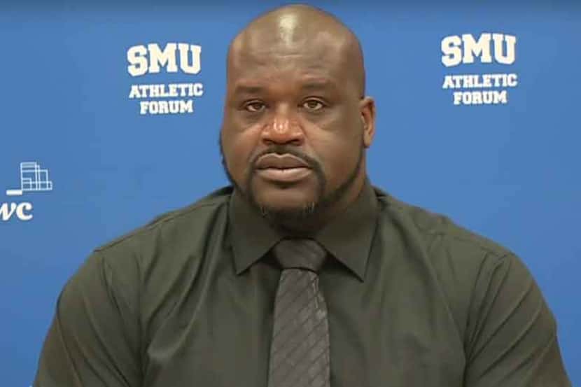 Shaquille O'Neal talks with reporters at the SMU Athletic Forum on Wednesday, Oct. 21, 2015.