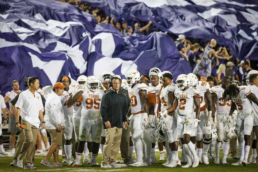 The Texas defense waits for the start of the second quarter of an NCAA football game against...