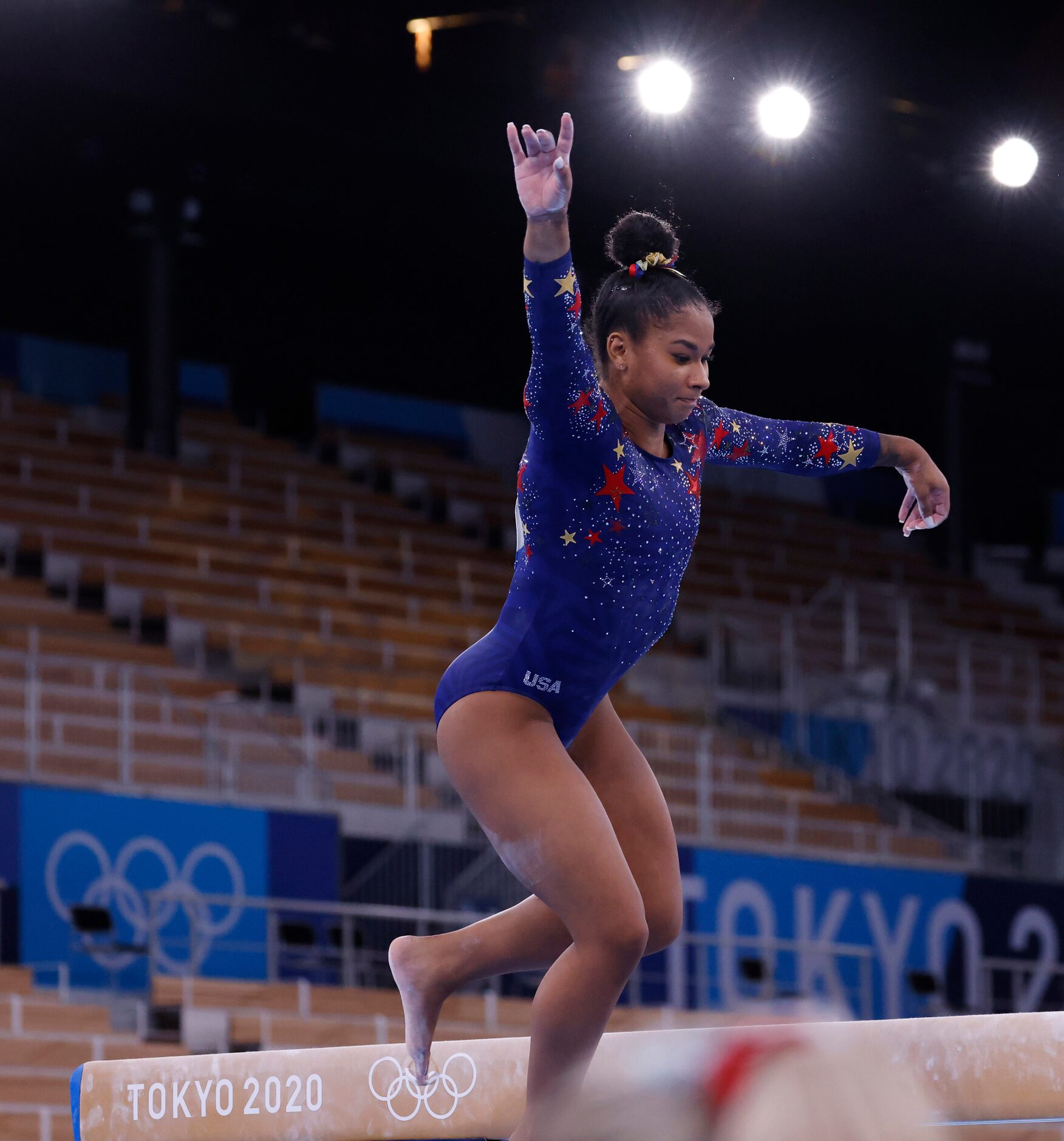 USA’s Jordan Chiles slips off the balance beam in a women’s gymnastics event during the...