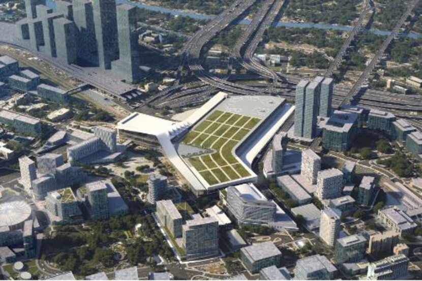 A rendering of the planned Kay Bailey Hutchison Convention Center and downtown.