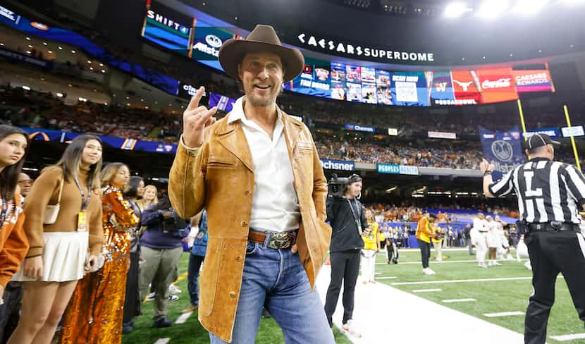 Actor Matthew McConaughey shows the Hook’em Horns before the Sugar Bowl at Caesars Superdome...