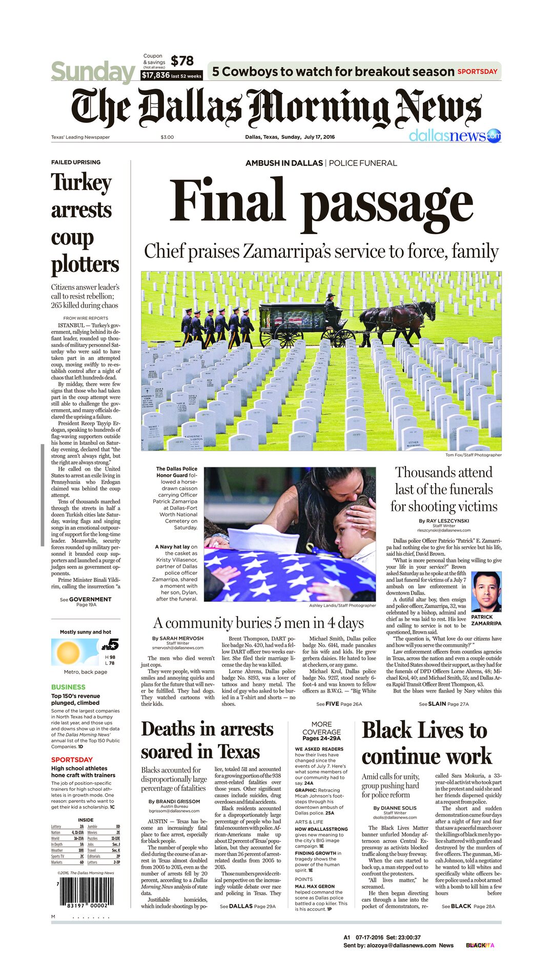 Front page of The Dallas Morning News on July 17, 2016. 