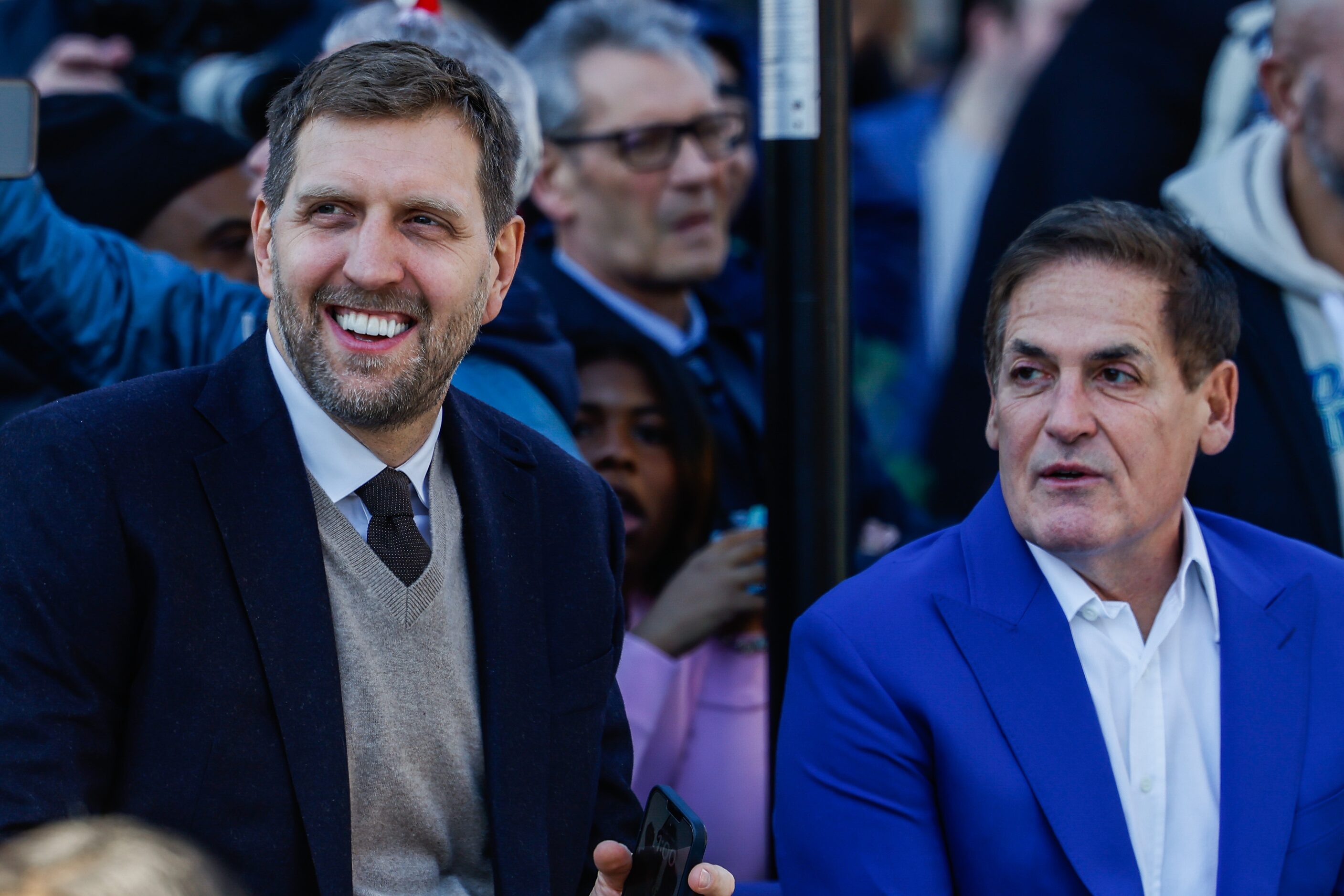 From left, Dirk Nowitzki, and Mark Cuban during the Christmas Day ceremony where the Dirk...