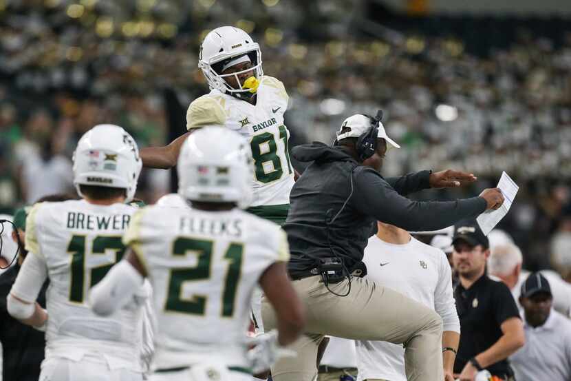 Baylor Bears wide receiver Tyquan Thornton (81) celebrates a touchdown during the first half...