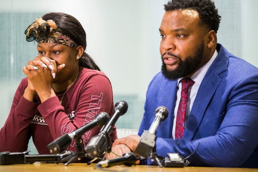 L'Daijohnique Lee and her lawyer, civil rights attorney Lee Merritt, spoke at a news...